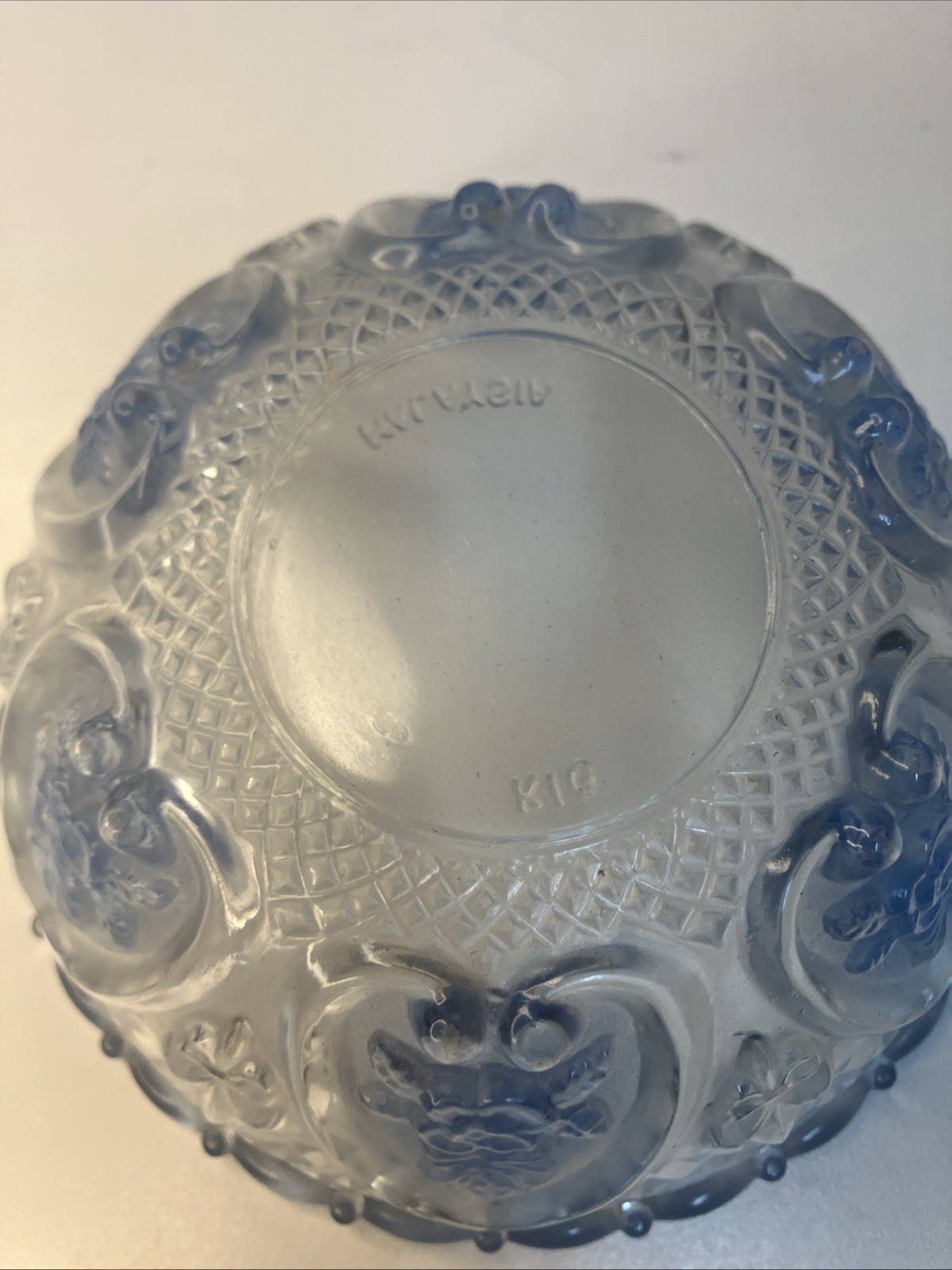 VTG KIG Indonesia Light Blue Pressed Glass Candy Dish Bowl Floral Heart 5”x2”