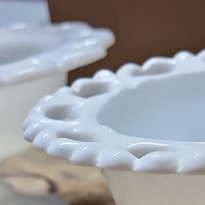 White Milk Glass Pedestal Compote Bowl, Round Glossy Openwork Rim