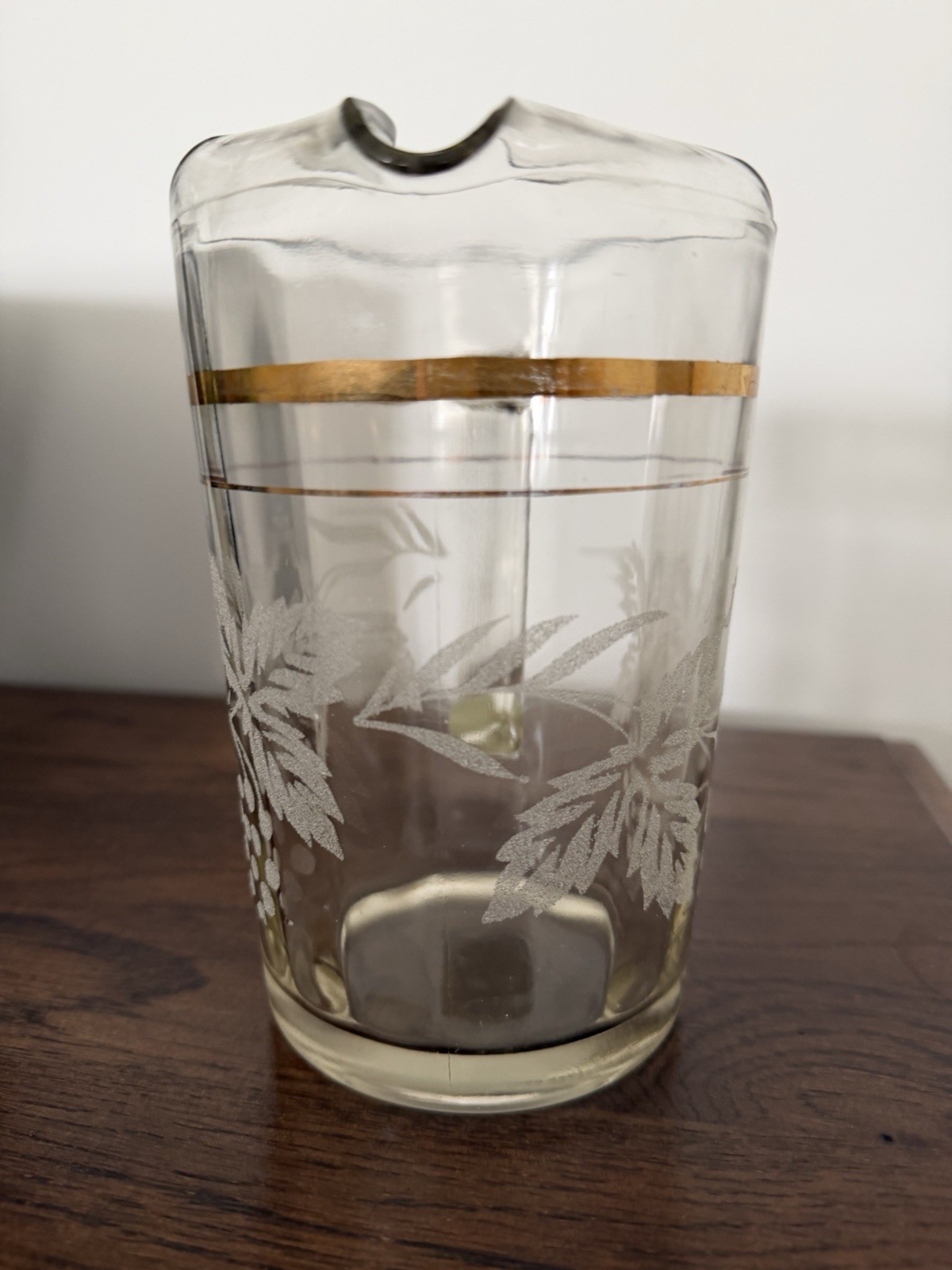 Vintage Bartlet and Collin’s Frosted Grapevine Pattern Pitcher, Gold Trim