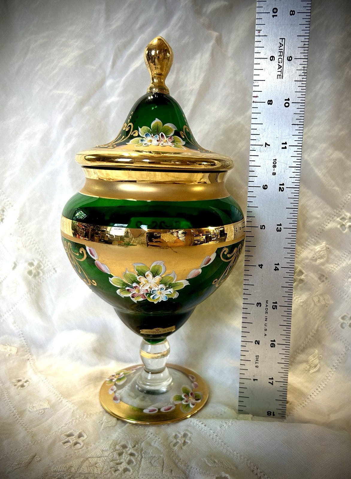 Vintage Seyei Victorian Glass Gold Trim Pedestal Bowl with Lid Made In Japan