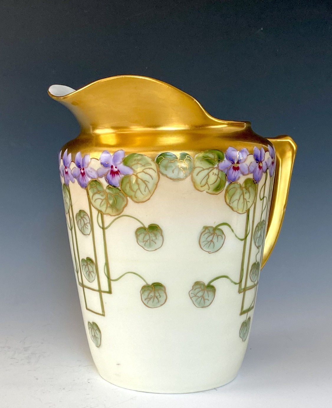PICKARD ANTIQUES HAND PAINTED “VIOLETS IN PANEL” PITCHER ARTIST SIGNED