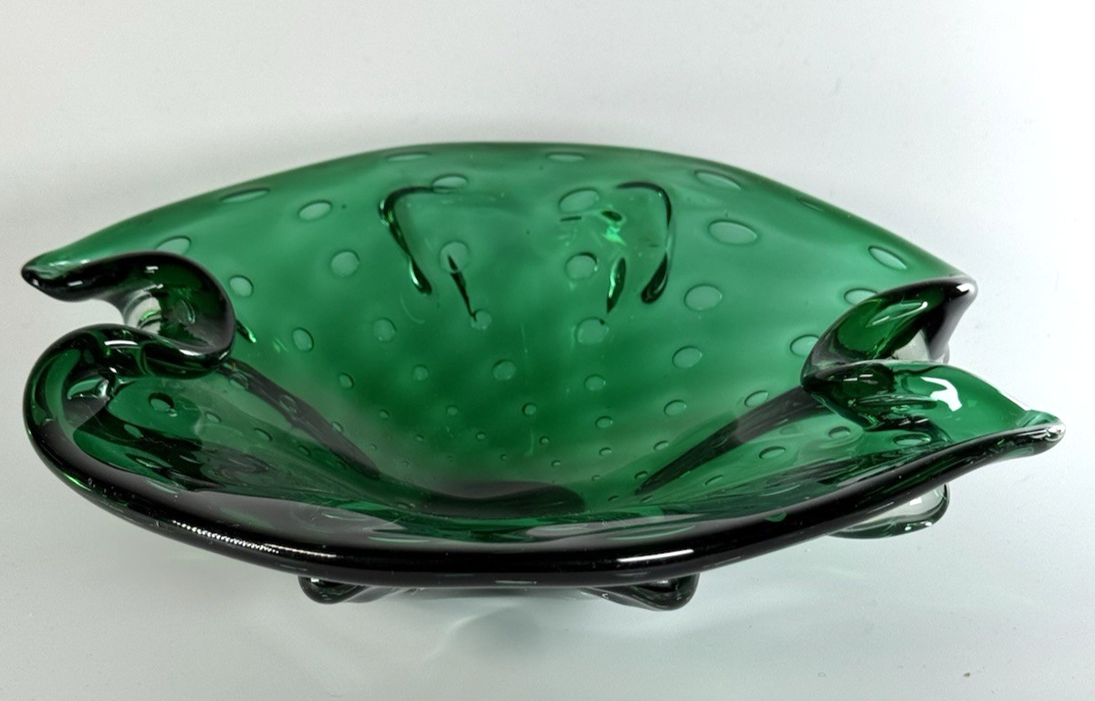 Hand Blown Controlled Bubble Dark Green Thick Glass Decor Bowl