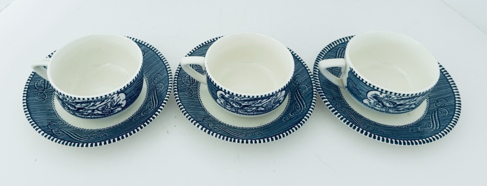 Currier & Ives Blue Royal China Coffee Tea Flat Cups With Saucers Lot of 2 Sets