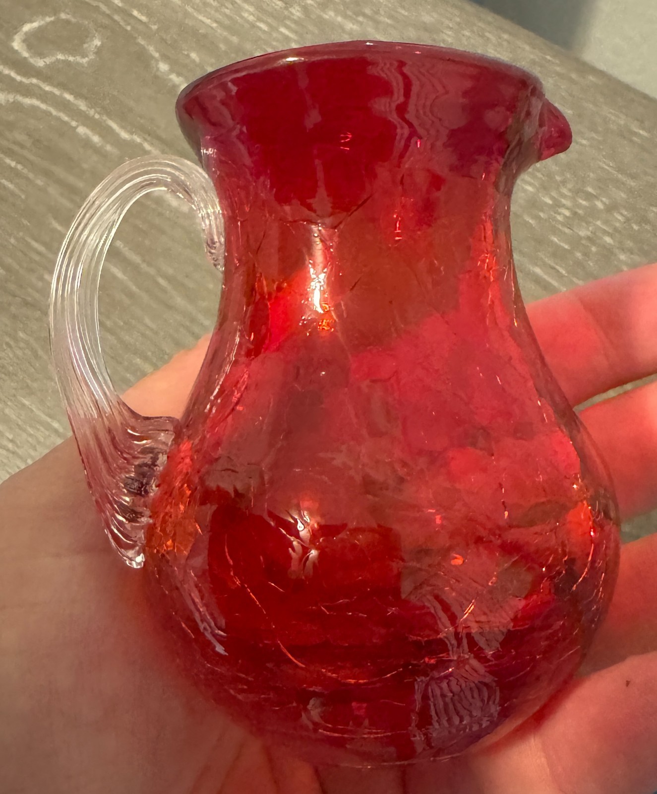 Vintage hand-blown ruby-red crackle glass pitcher 3.5″