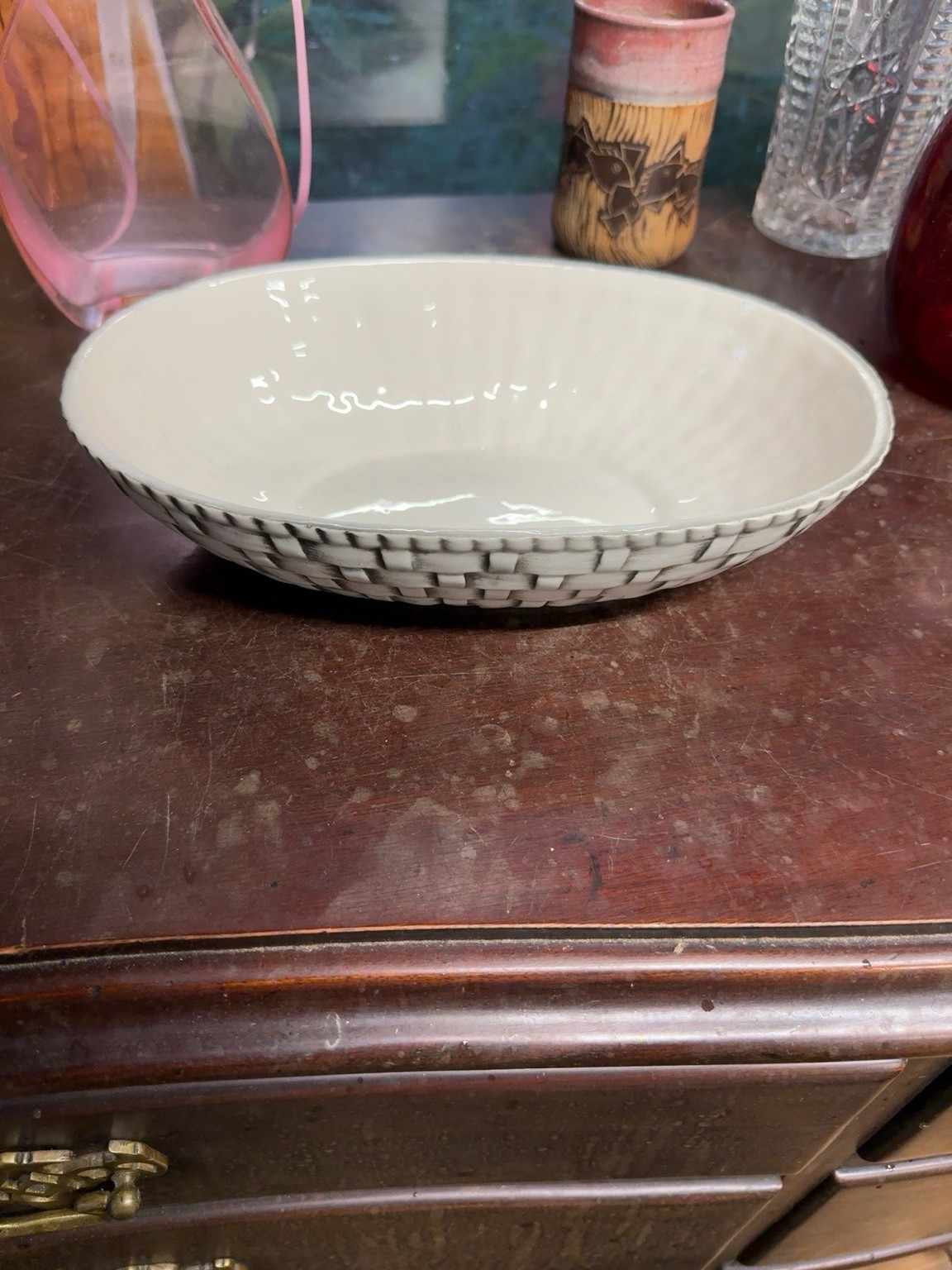 Vintage 1970s Basket Weave Stoneware Oval Serving Bowl Black White Ceramic 11.5