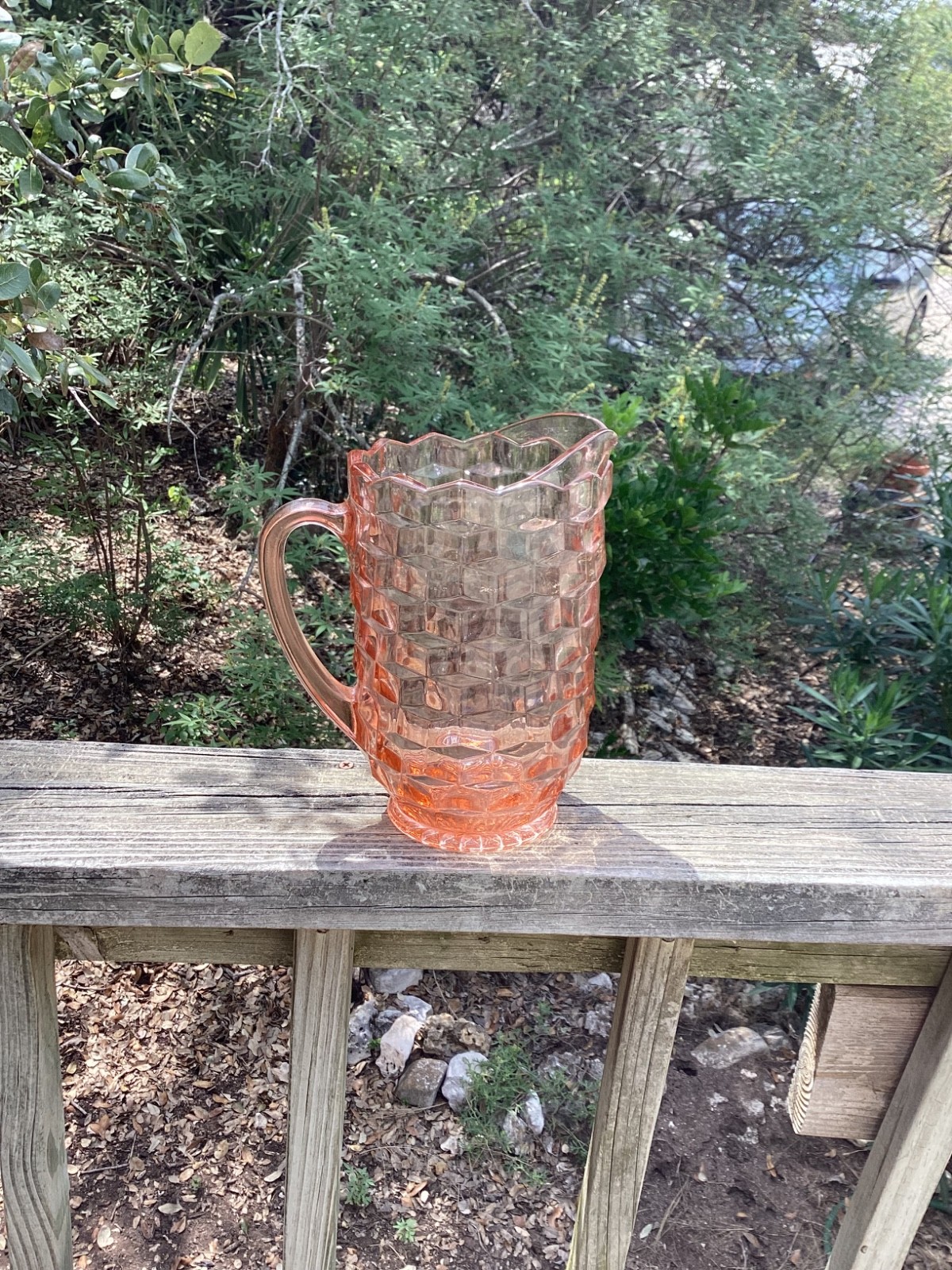 Vintage Fosteria Pitcher Pink Cubist Colony Depression Style 8″