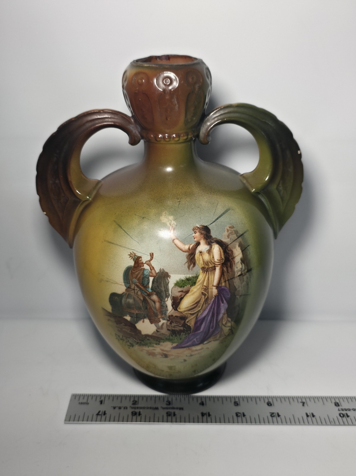 Antique Decorated Porcelain Dual Handle Pitcher Signed w/ Griffin El Unico Logo