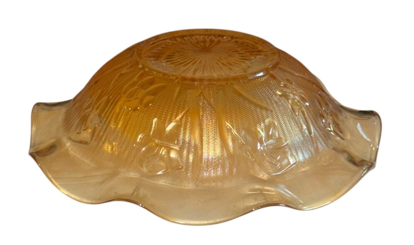 Jeanette Glass Iris and Herringbone Marigold Carnival Iridescent 9.5″ Bowl