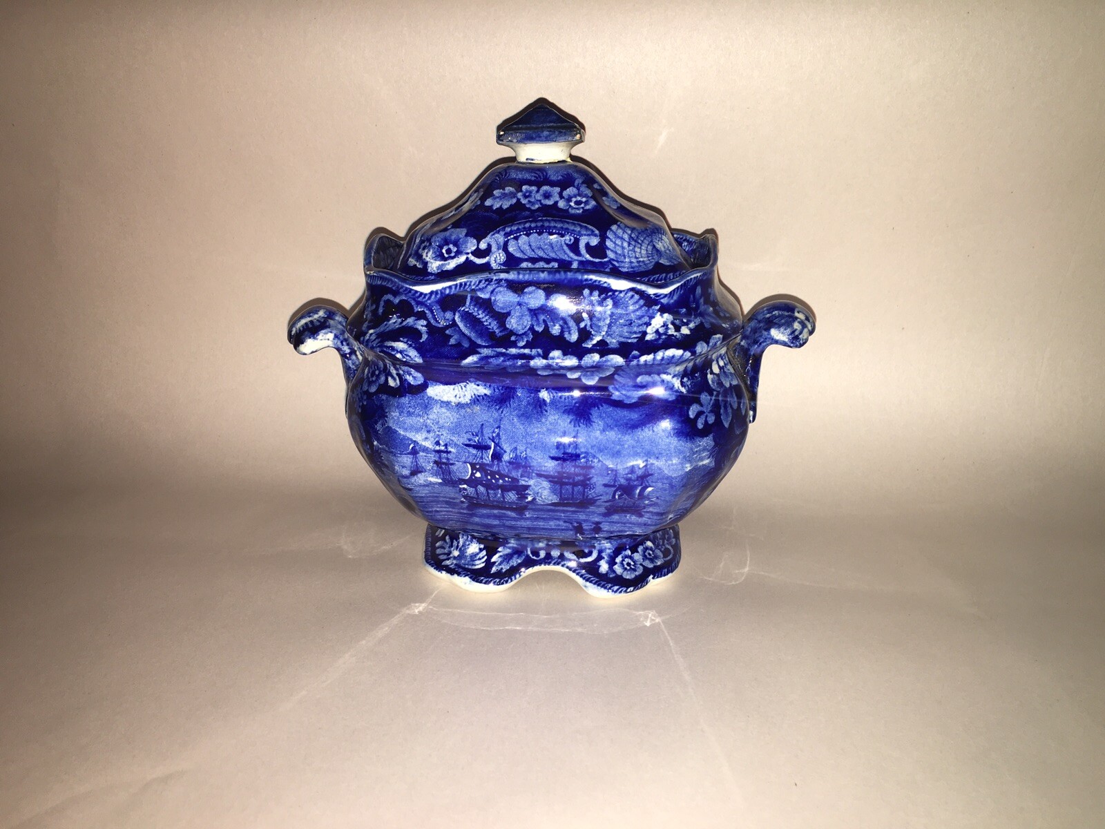 LA3 Historical Staffordshire Dark Blue Sugar Bowl Macdonoughs Victory Ca. 1825