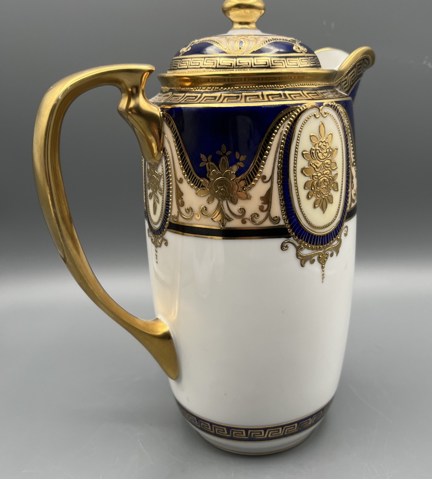 Rare Noritake Cobalt & Gold Ornate Neoclassical Coffee Pot Greek Key Porcelain
