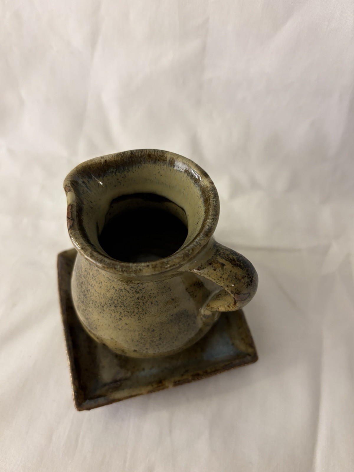 Small Vintage Pottery Creamer Pitcher & Saucer Green & Brown Set