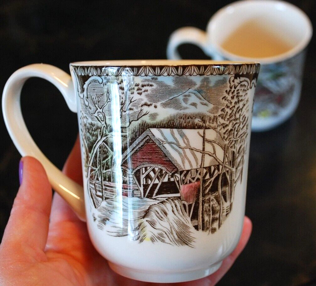 Set 2 Vintage MUGS Johnson Bros FRIENDLY VILLAGE ‘COVERED BRIDGE’ Transferware