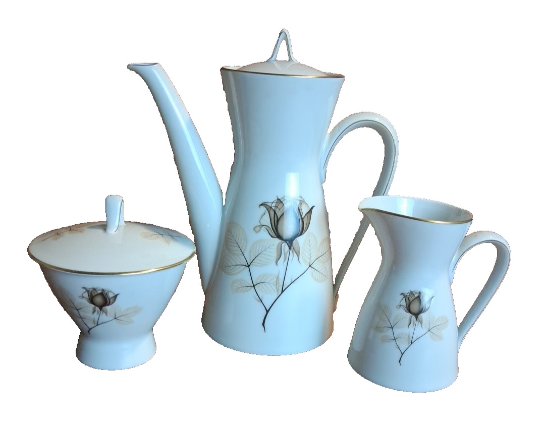 Rosenthal Porcelain Set Teapot Tea Pot Creamer Sugar Bowl Shadow Rose Vintage