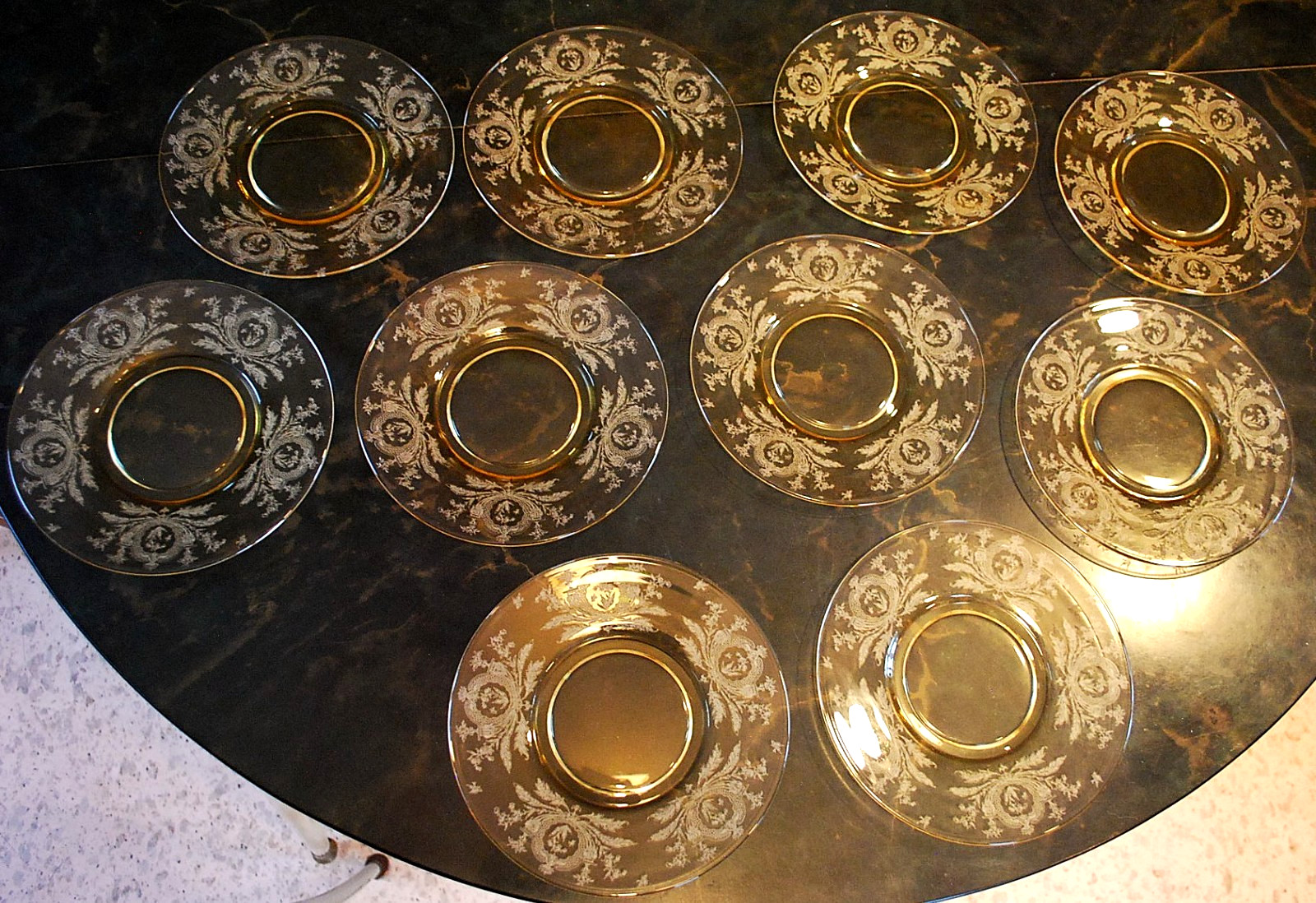 Vtg Set 10 LA FLEURE YELLOW 7.25″ Glass Lunch Plates Deco 1920 TIFFIN FRANCISCAN