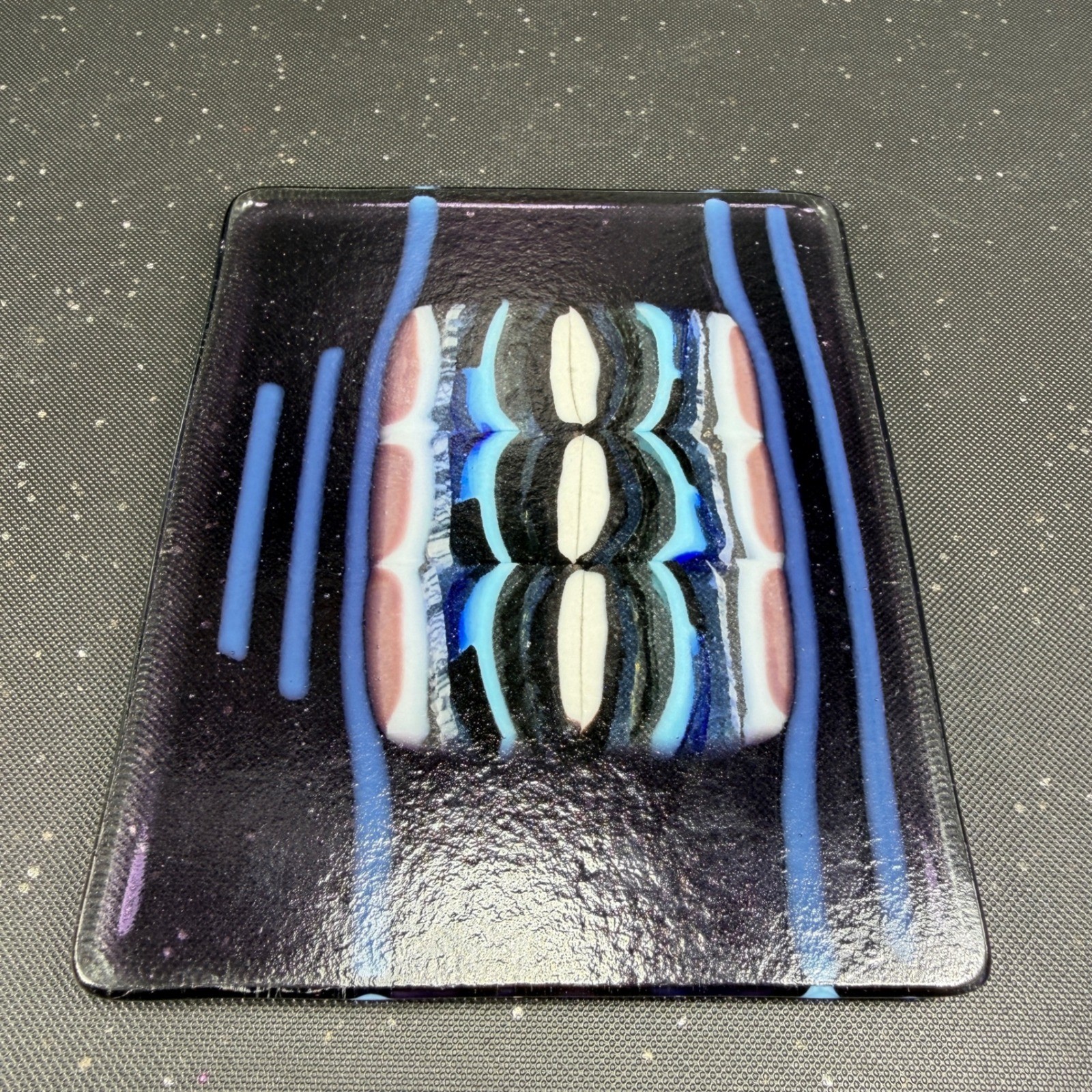 Handmade Fused Glass Art Plate Abstract Geometric Purple Turquoise 6×5 Inch