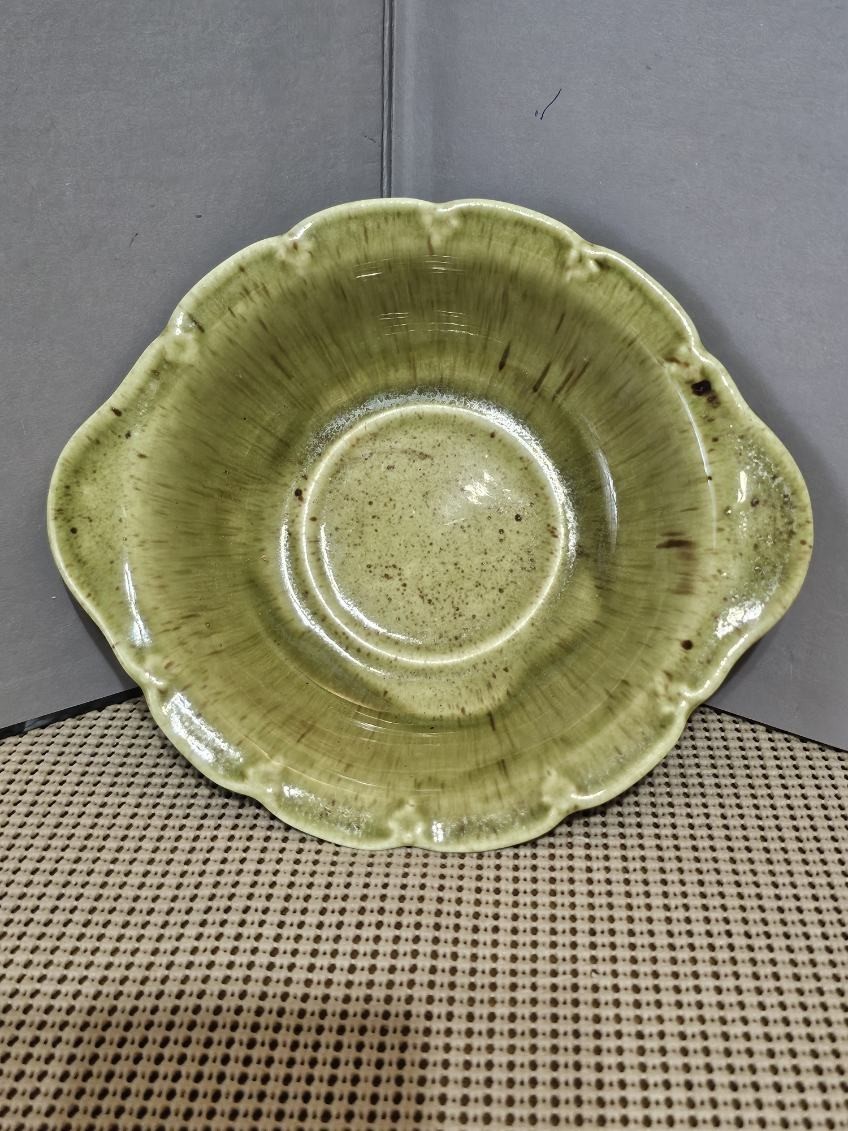 Sage And Brown Pottery Bowl. 7.75 In. Artist Signed..