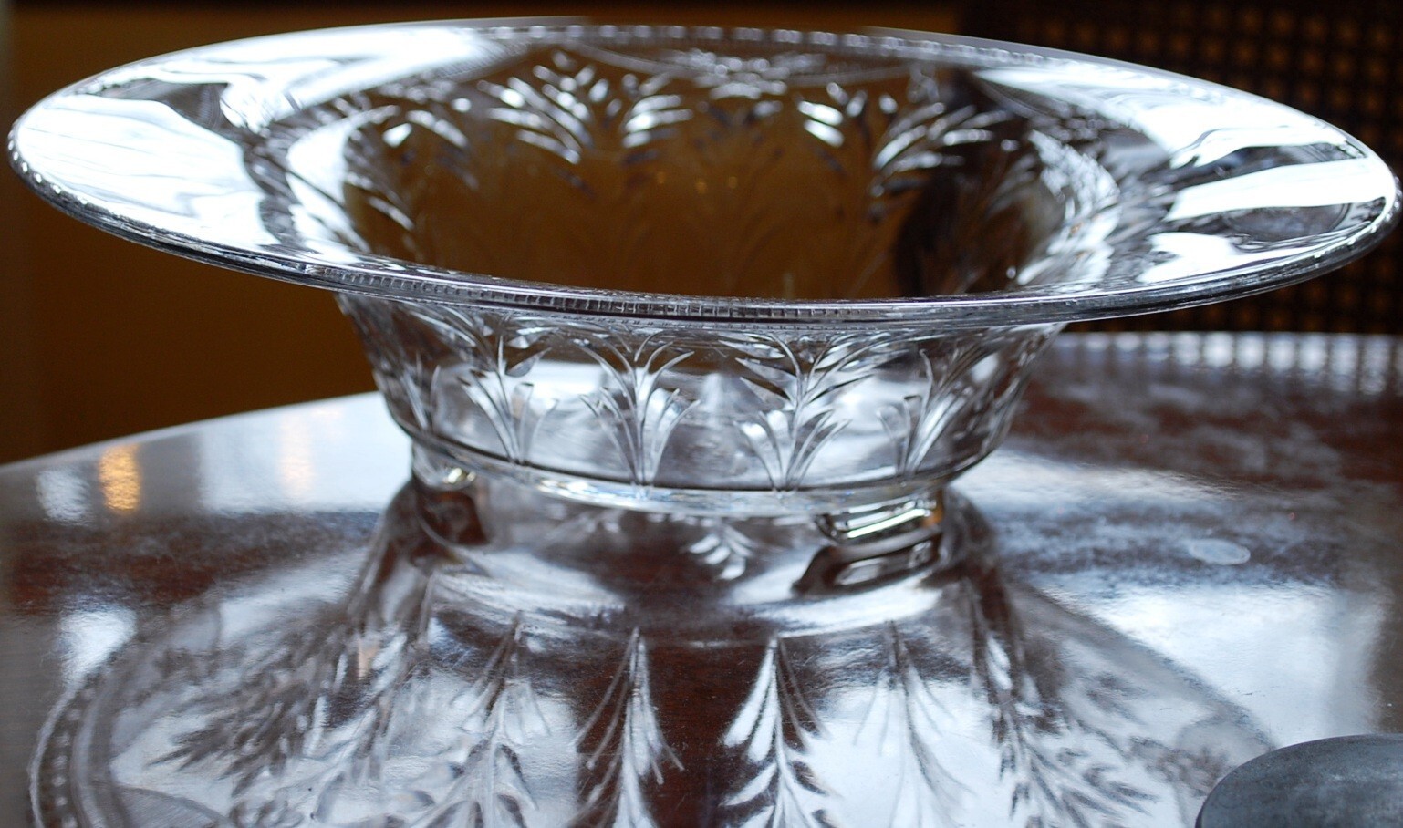 Vintage ROCK SHARPE Crystal FOOTED WIDE BOWL Clear Cut Floral & Dots 12.25″ EXC