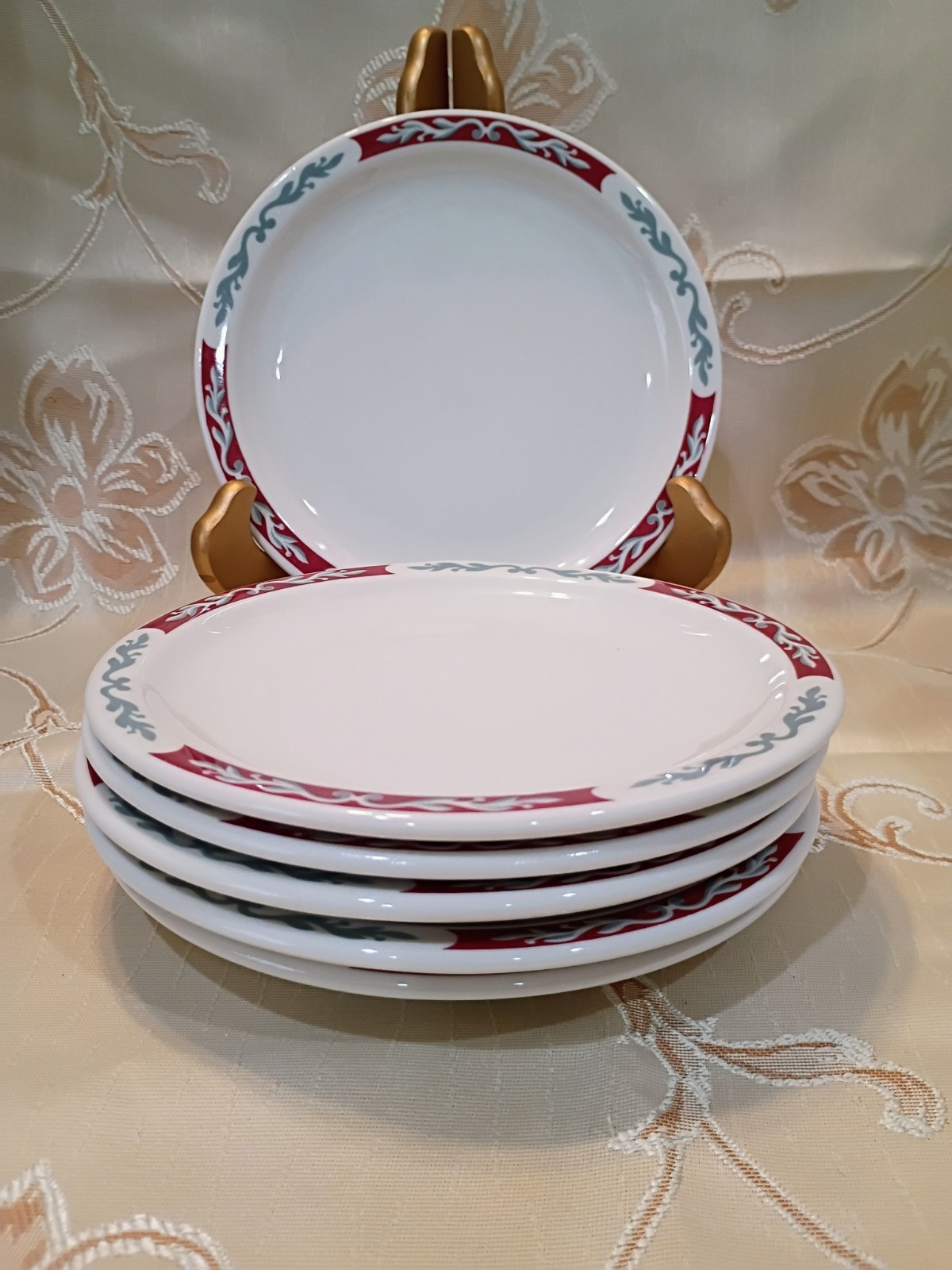 VTG Syracuse China Embassy Pattern White w/Red Border Dessert/Side Plates-Six PC