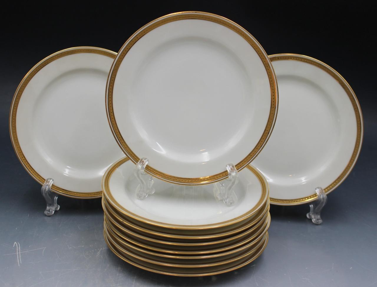 Haviland & Co Limoges Porcelain Set 10 Bread Plates White & Gold Beaded Border