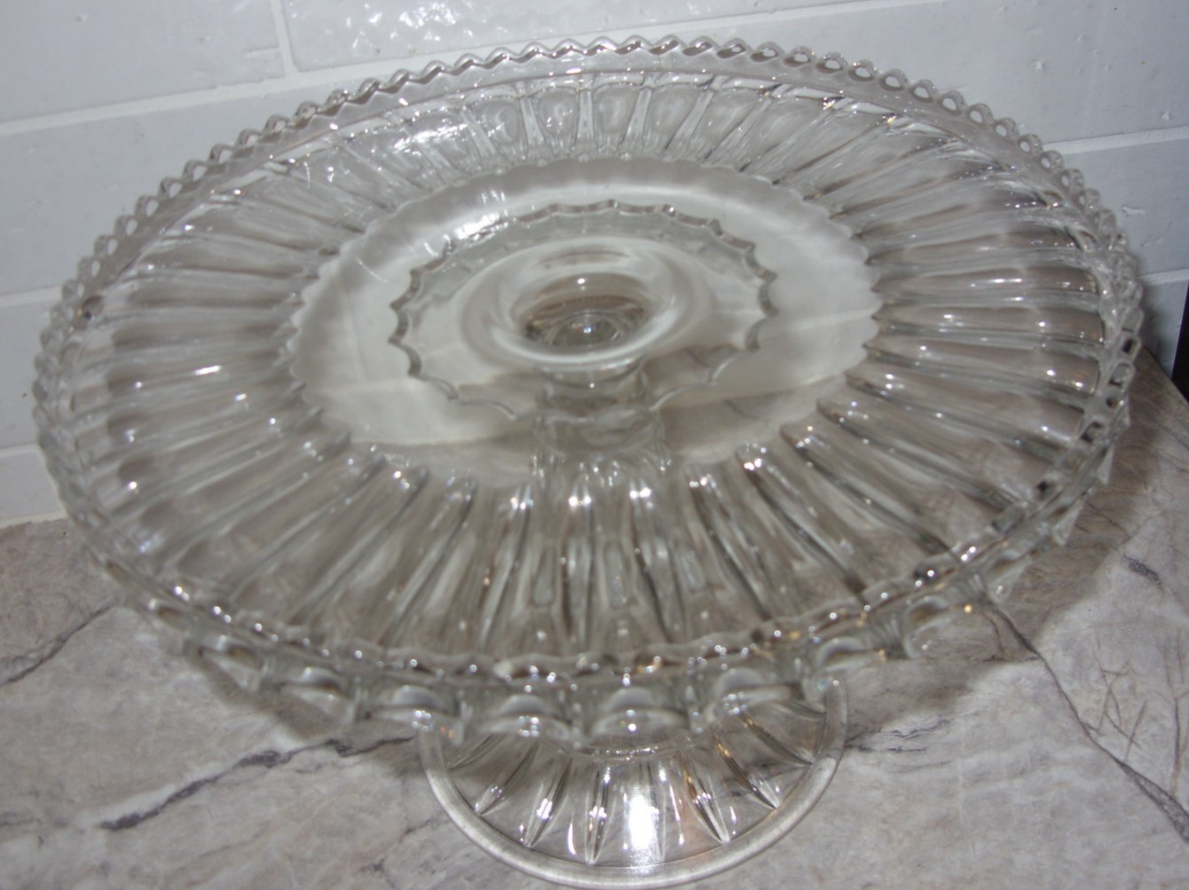 Vintage Clear Glass Bryce McKee US Glass Saw Tooth Edge Round 10″ Cake Stand HTF
