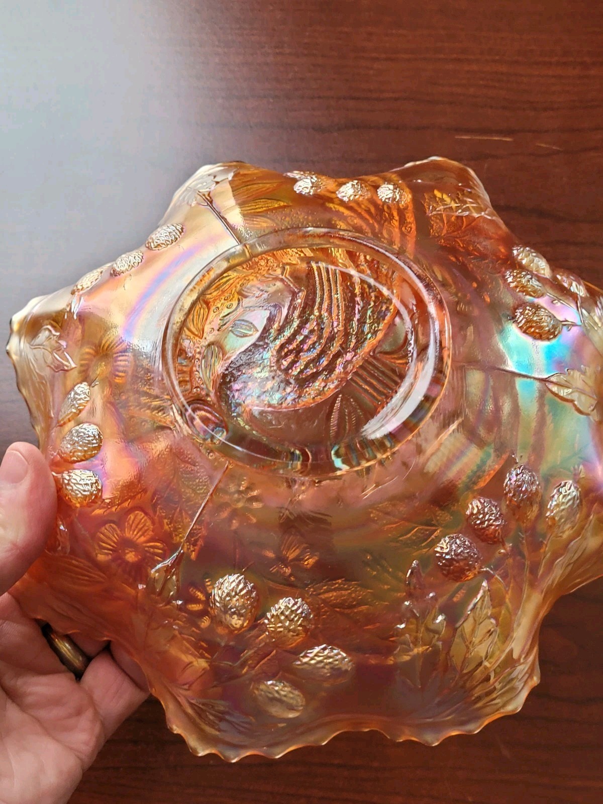 Pretty Dark Marigold Fenton Carnival Glass Peacock & Urn Pattern Bowl