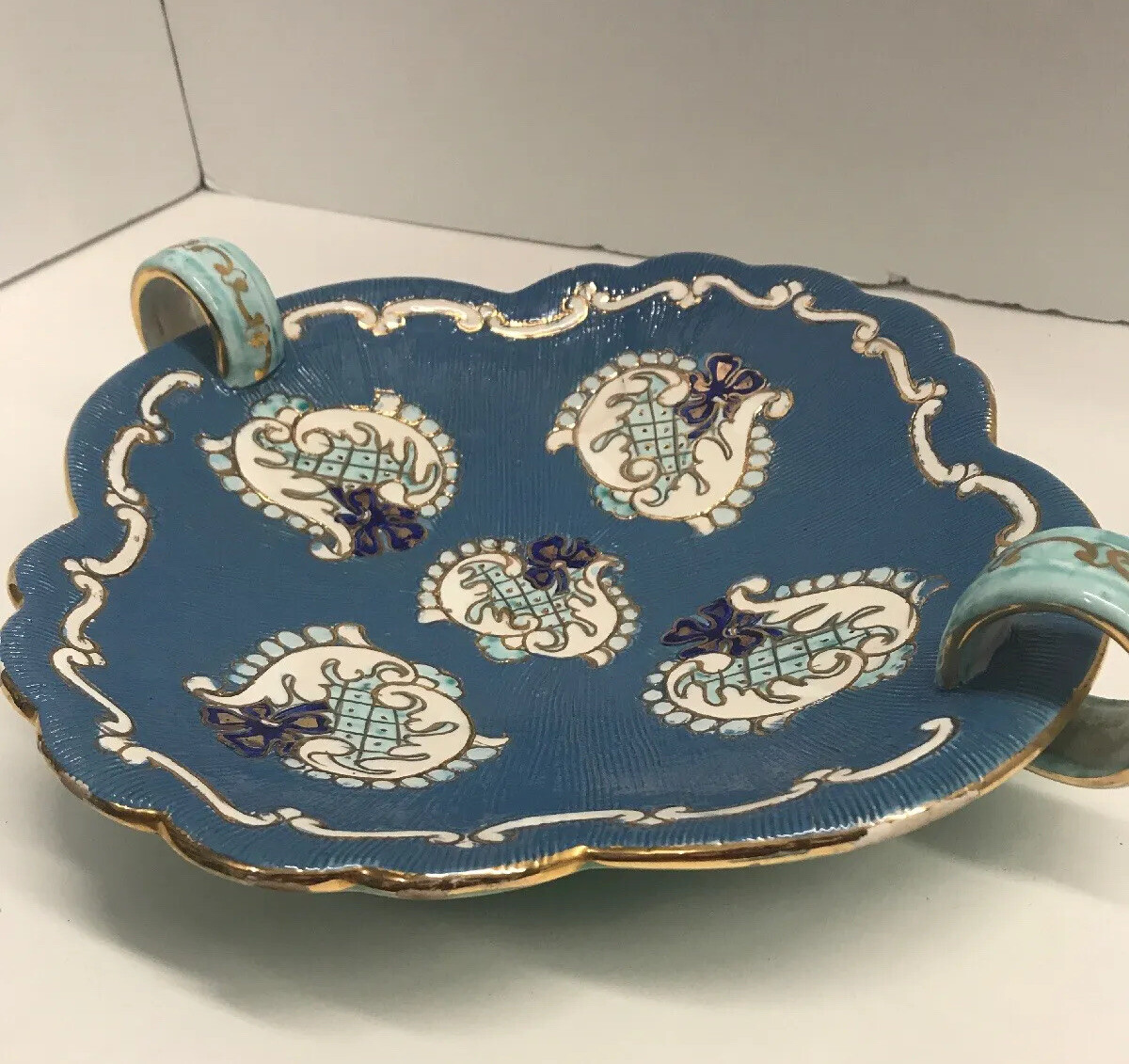Deruta Bowl Italy Pottery Signed Numbered Blue Gold Leaf Chips On Edge 8”