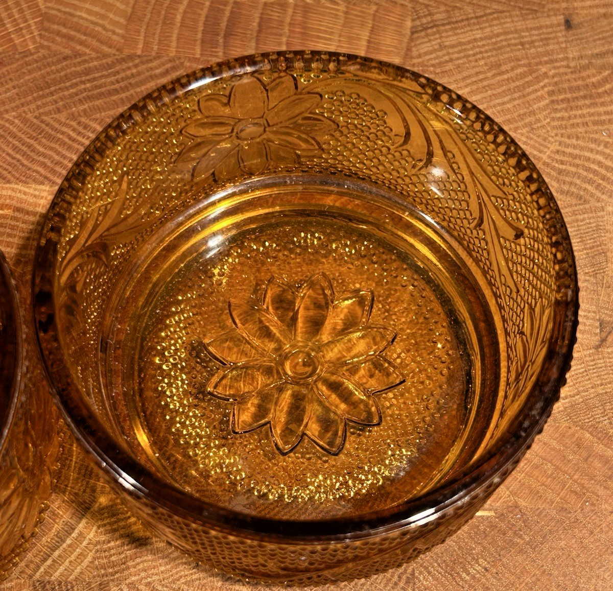 Vtg. Indiana Glass Tiara Amber Round Sandwich Ramekin/Dessert Set of 2- 3.75″