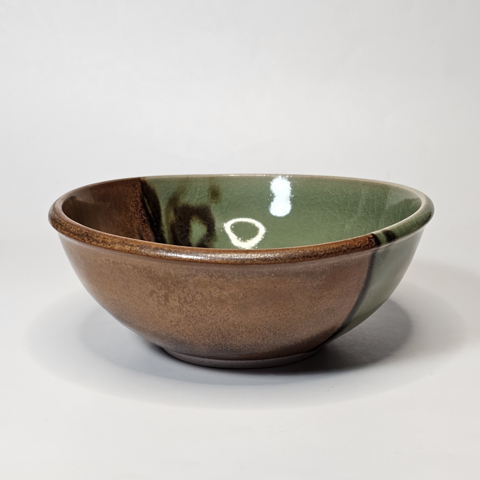 Studio Art Pottery Golden Green & Brown Drip Crackle Glaze Ceramic Bowl