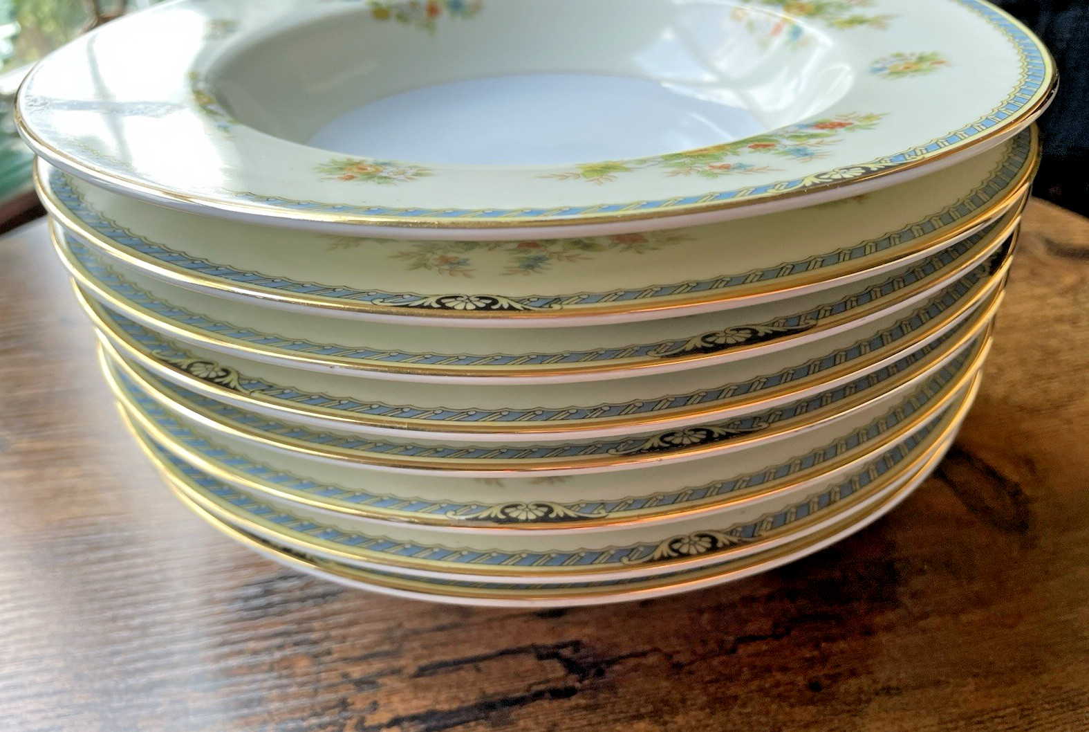 8 Rose China FLORAL Soup Salad Bowl Blue Gold Trim Occupied Japan 8″ Vintage Set