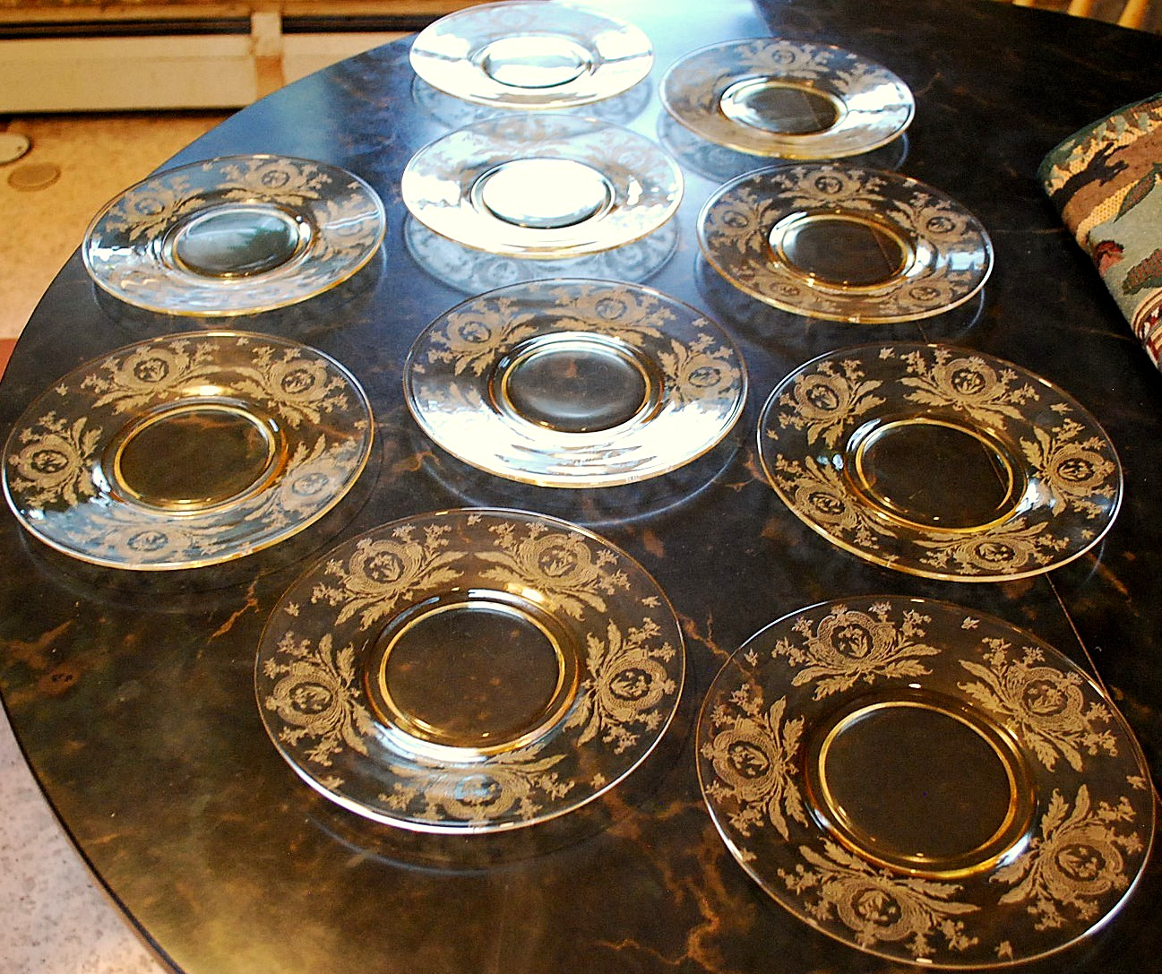 Vtg Set 10 LA FLEURE YELLOW 7.25″ Glass Lunch Plates Deco 1920 TIFFIN FRANCISCAN