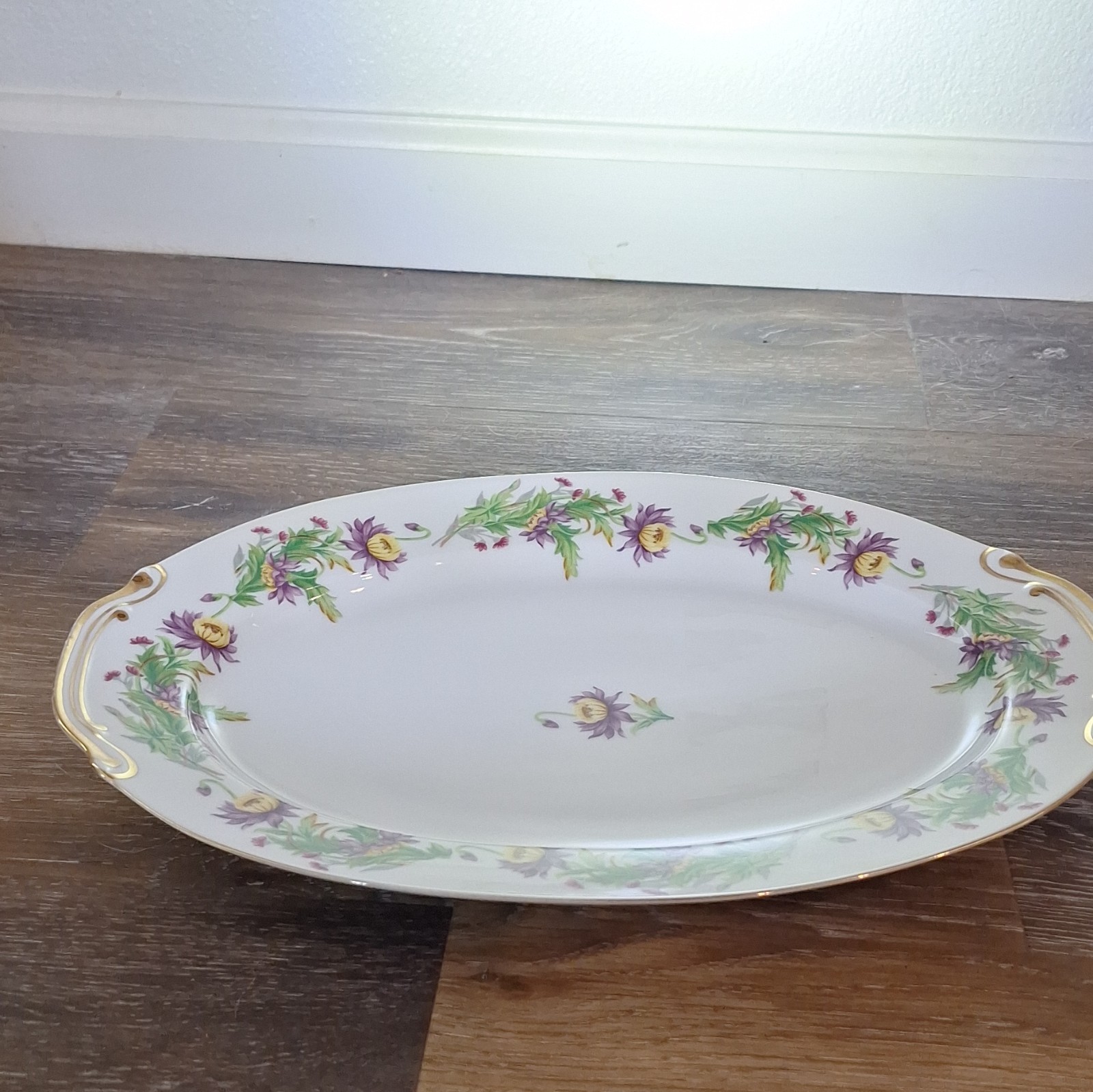 Victory China Marmont Oval Floral Porcelain Platter White w/ Gold Trim