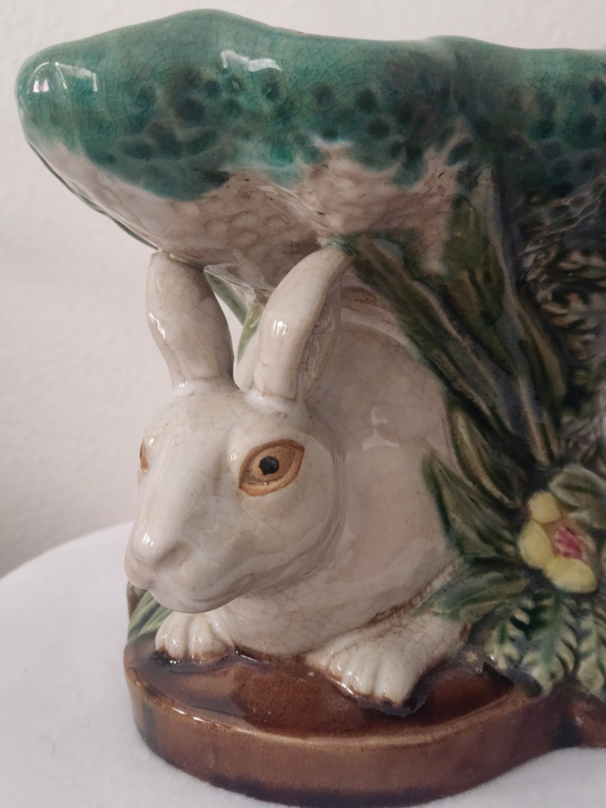 Vtg Majolica Double Rabbit Pedestal Compote Fruit Bowl Centerpiece Easter VGC