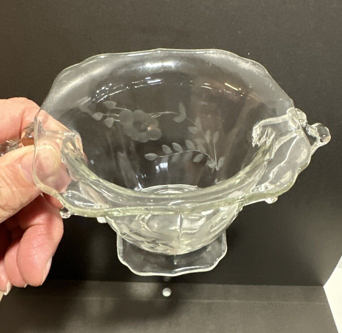 Floral Frosted Pressed Clear Glass Paneled Creamer Vintage