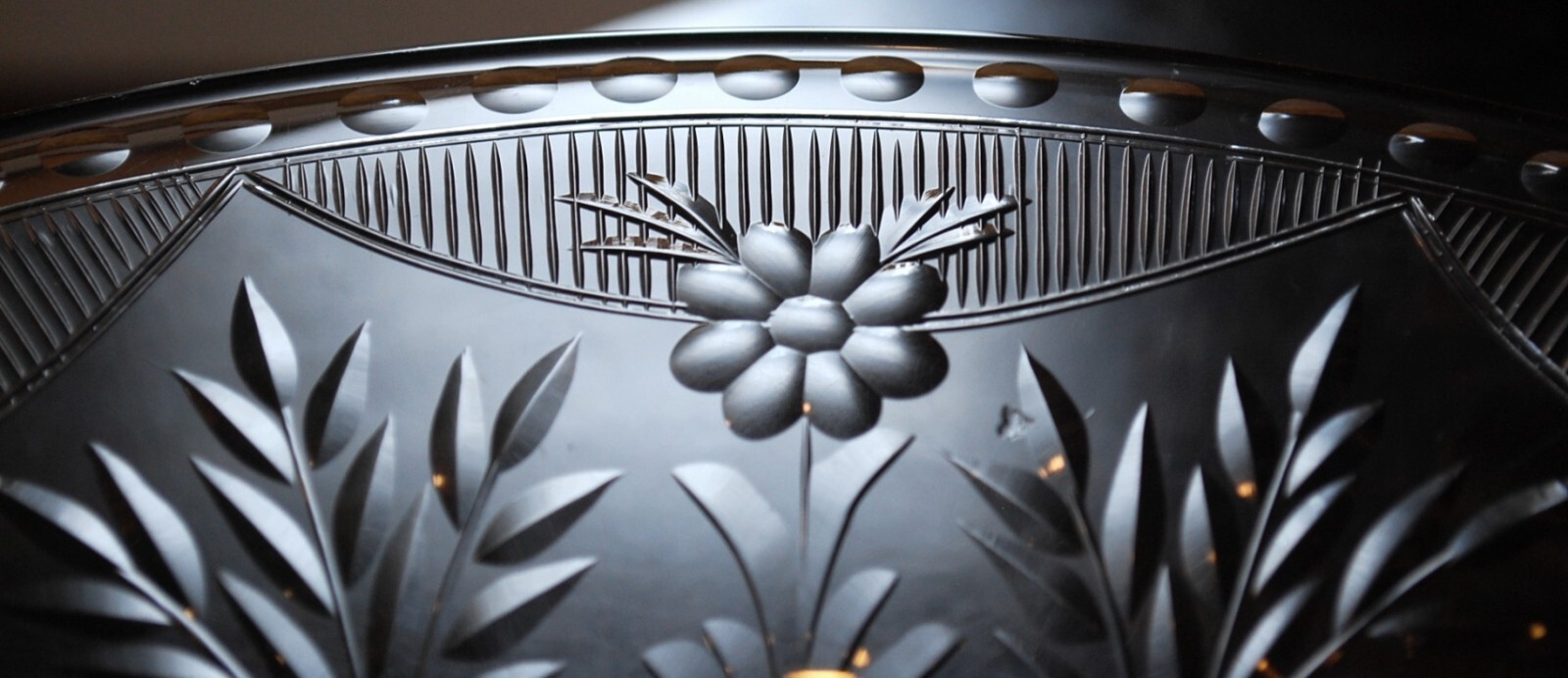 Vintage ROCK SHARPE Crystal FOOTED WIDE BOWL Clear Cut Floral & Dots 12.25″ EXC
