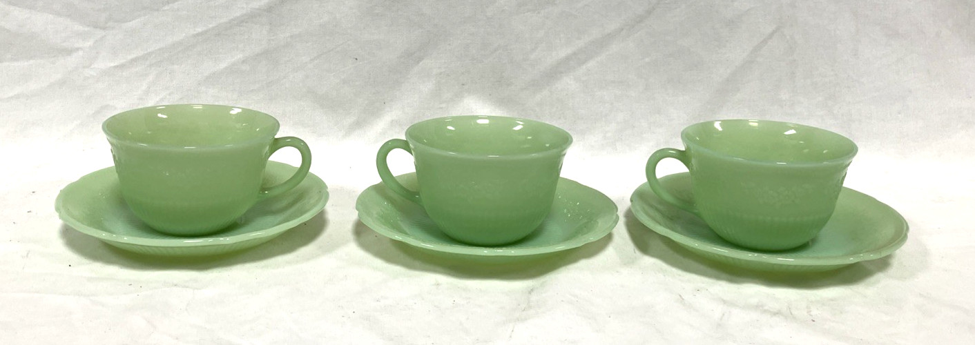 Fire-King Alice Jadeite Green Dish Lot 3 Cup & Saucer Sets + 4 Bowls