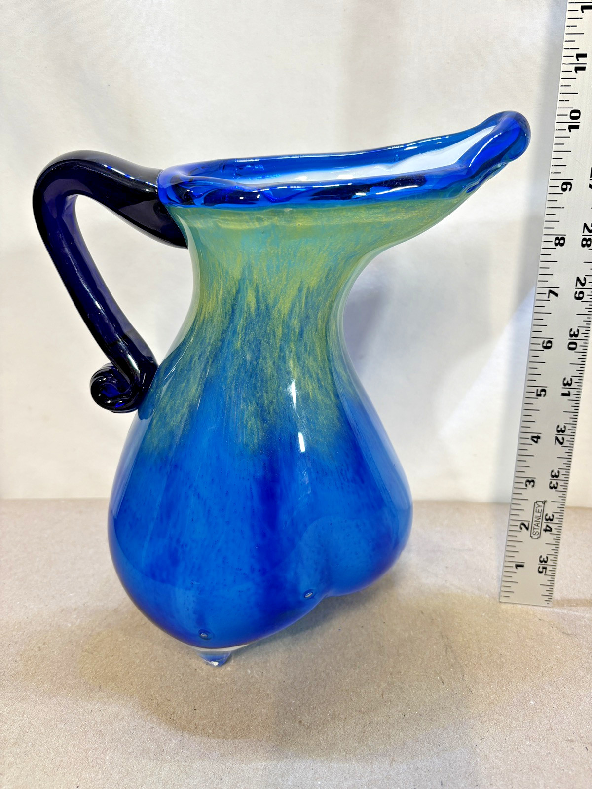 Hand Blown Murano 3 Sided Cased Cobalt Blue to Yellow Glass Pitcher #2