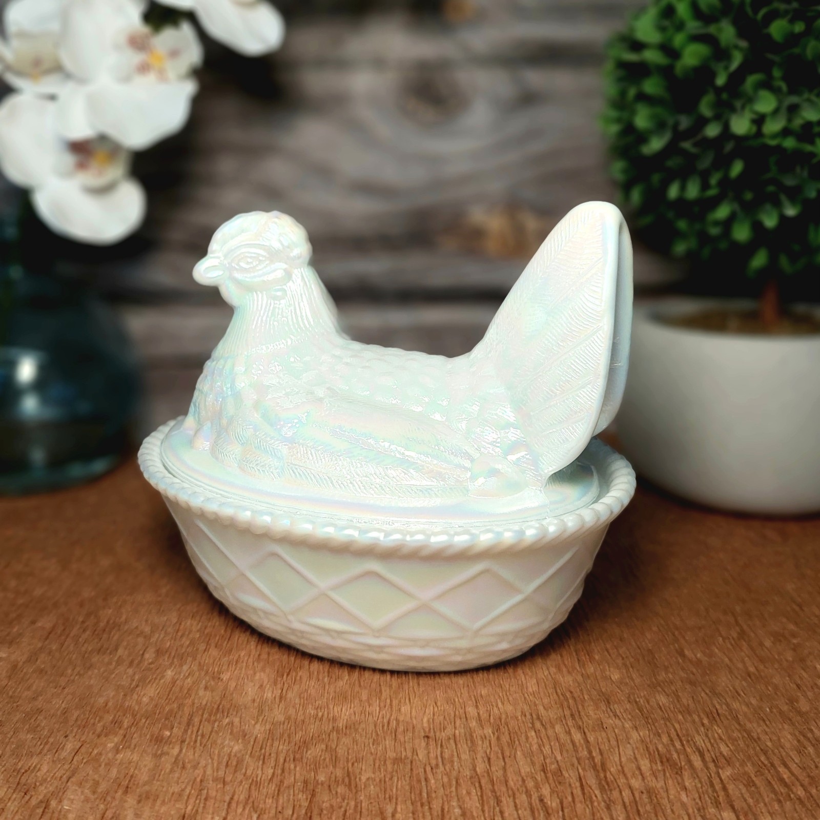 Pearl Carnival Glass Hen on Nest Chicken Candy Dish, Depression Style, VTG Decor