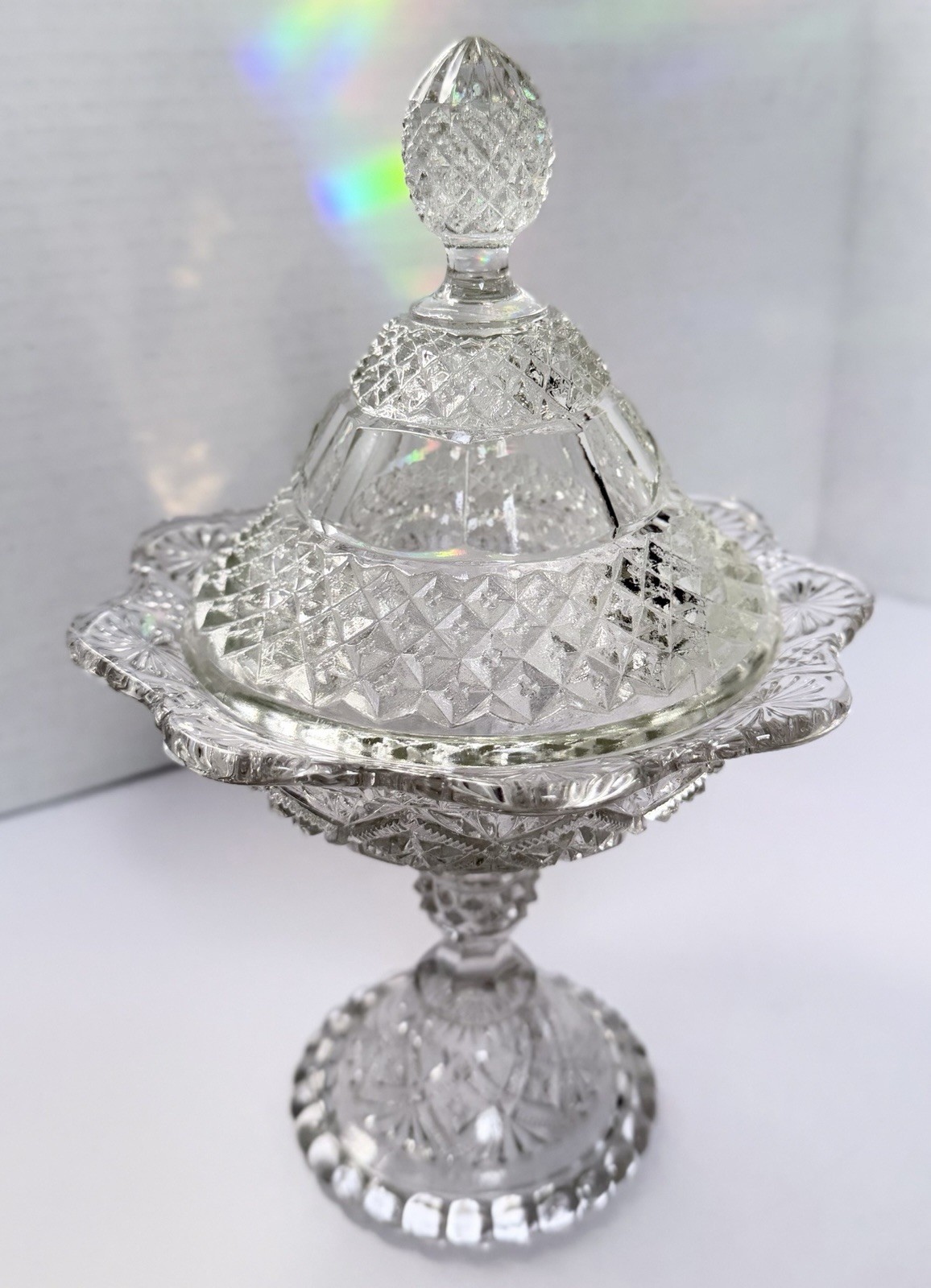 EAPG Clear Pressed Glass Covered Compote Diamond Fan Pineapple Finial UV365 Glow