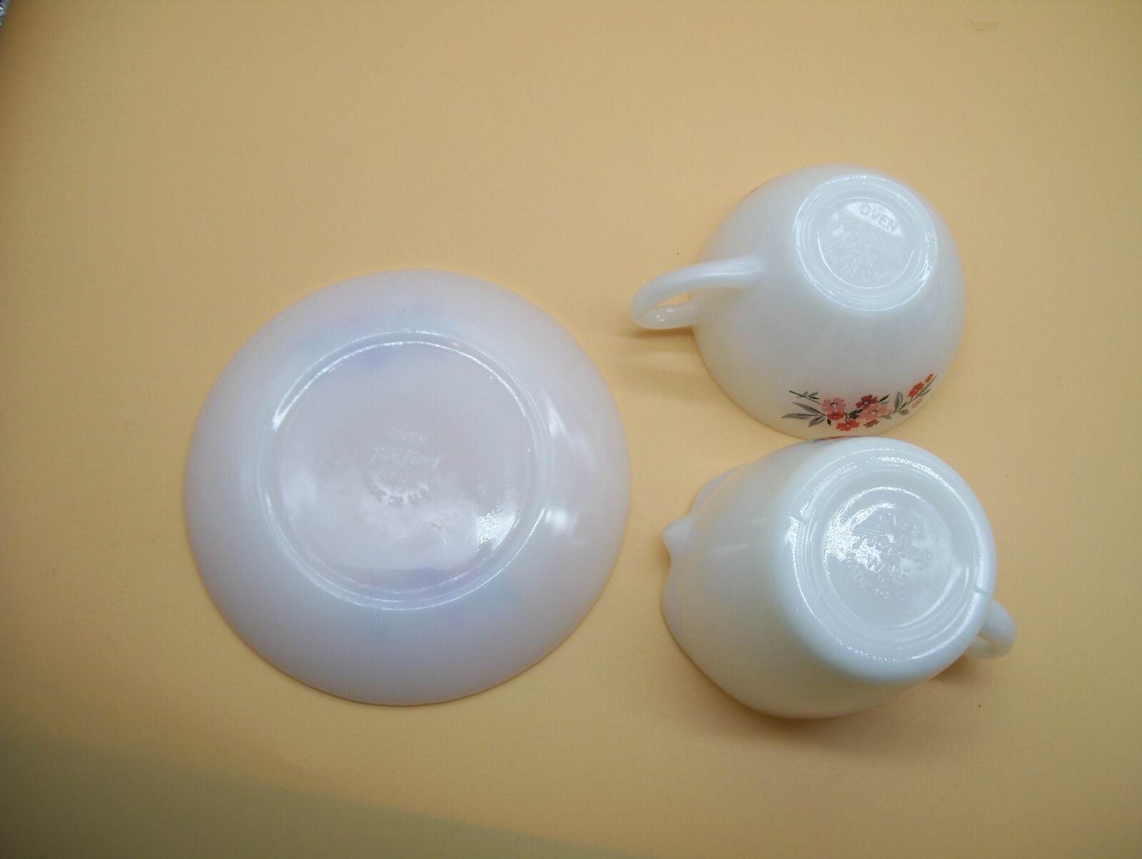 Vintage Fire King Primrose Milk Glass Coffee Cup Saucer Plate & Creamer Pitcher
