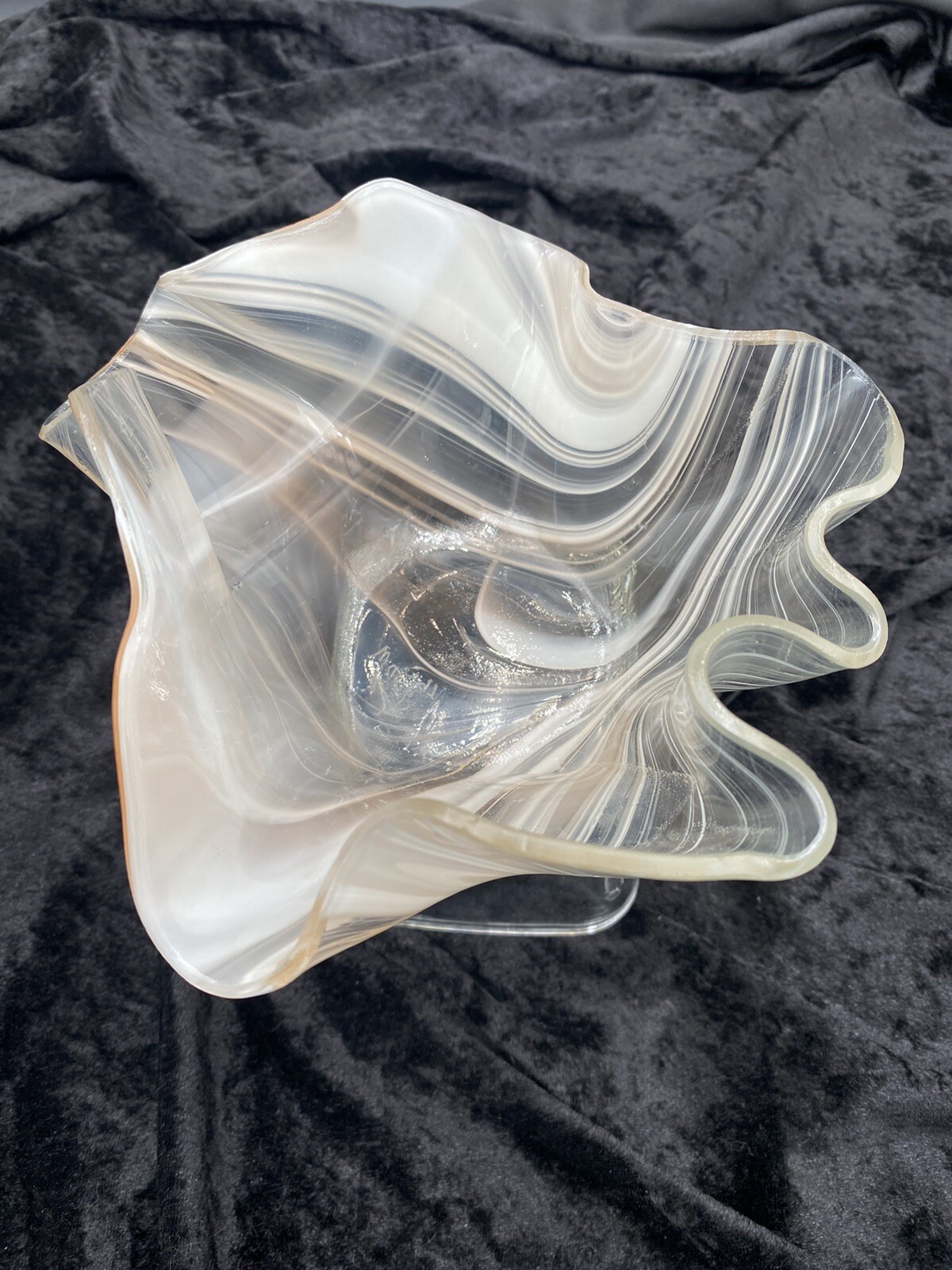 Vintage Handblown Murrhina Glass Handkerchief Bowl/Candle, Peach & White, Signed