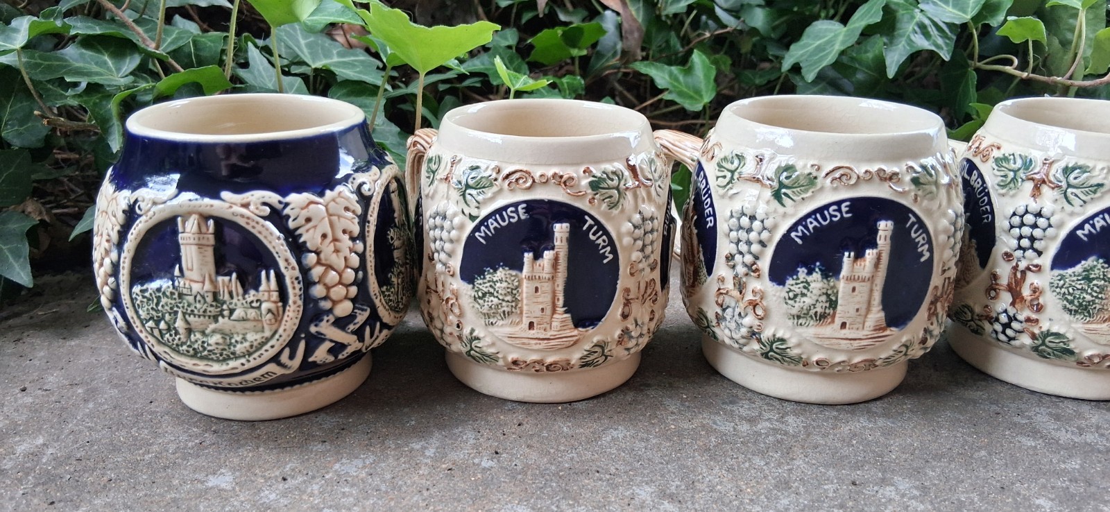 5 German Stoneware Mugs By Marzi & Remy “2835” 2 Cobalt Blue & 3 Cream Mugs
