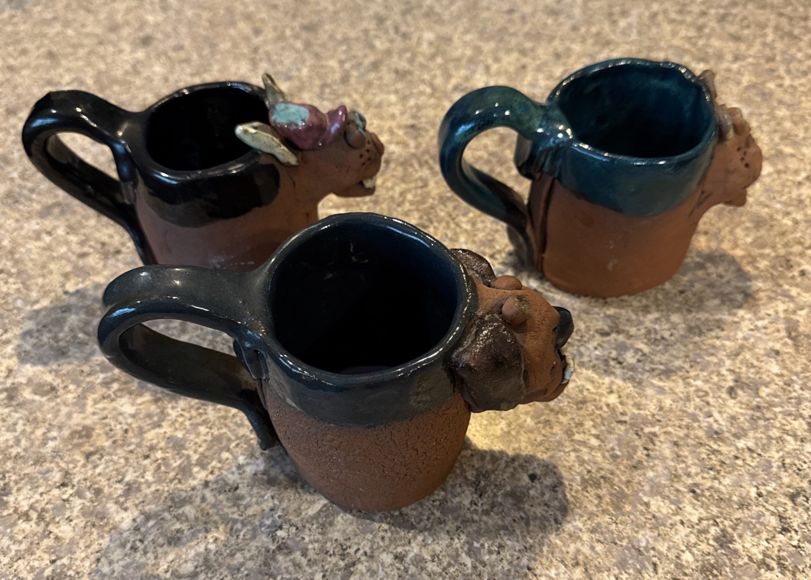 Set of 3 Vintage 1988 Studio Pottery Weirdo Animal Critter Mugs Signed, Read