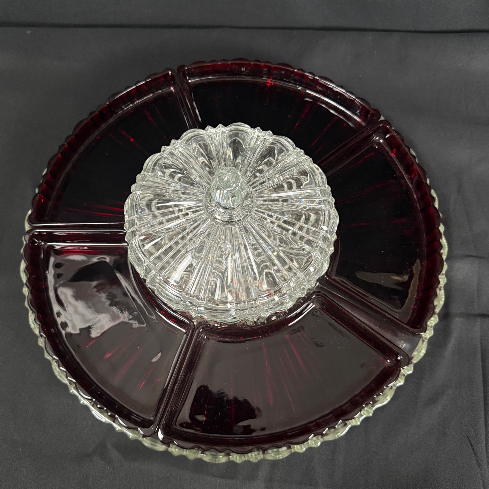 Anchor Hocking Old Cafe Royal Ruby Red Glass 8pc Lazy Susan Relish Tray VTG 30s