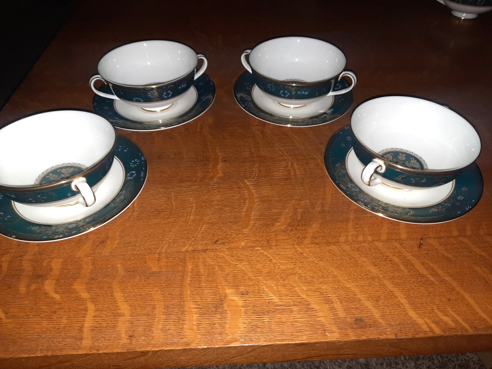 Set of 4 Royal Doulton Bone China Cream Soup Bowls & Saucers, Carlyle Pattern