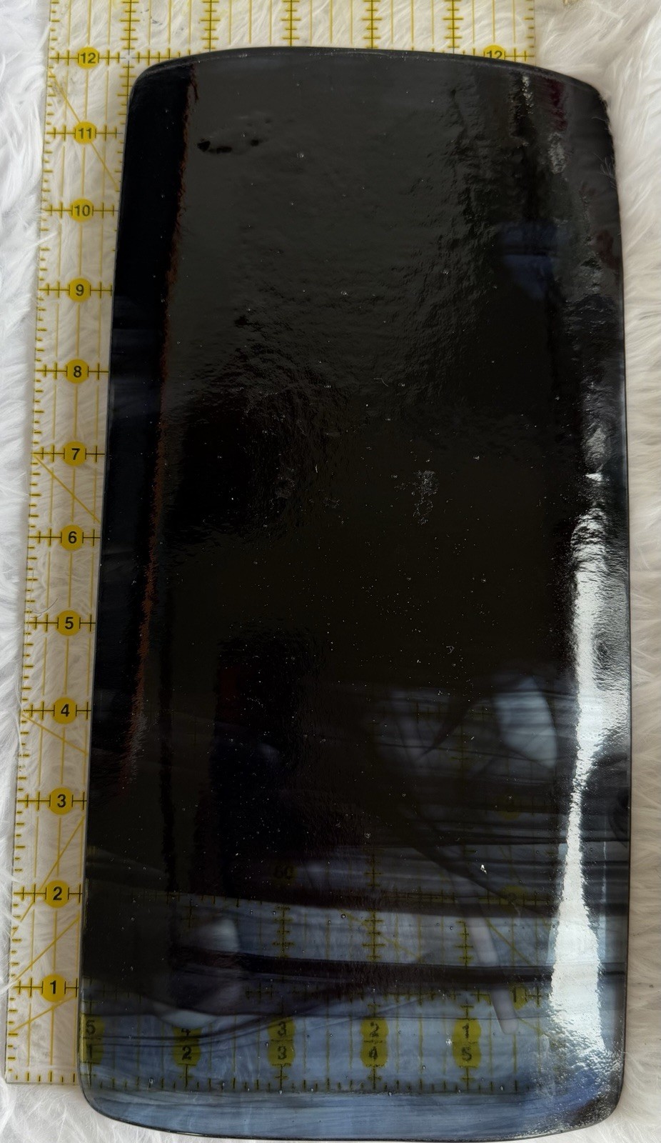 Abstract Fused Glass Rectangle Contemporary Smokey Black with White Fused 12×6”