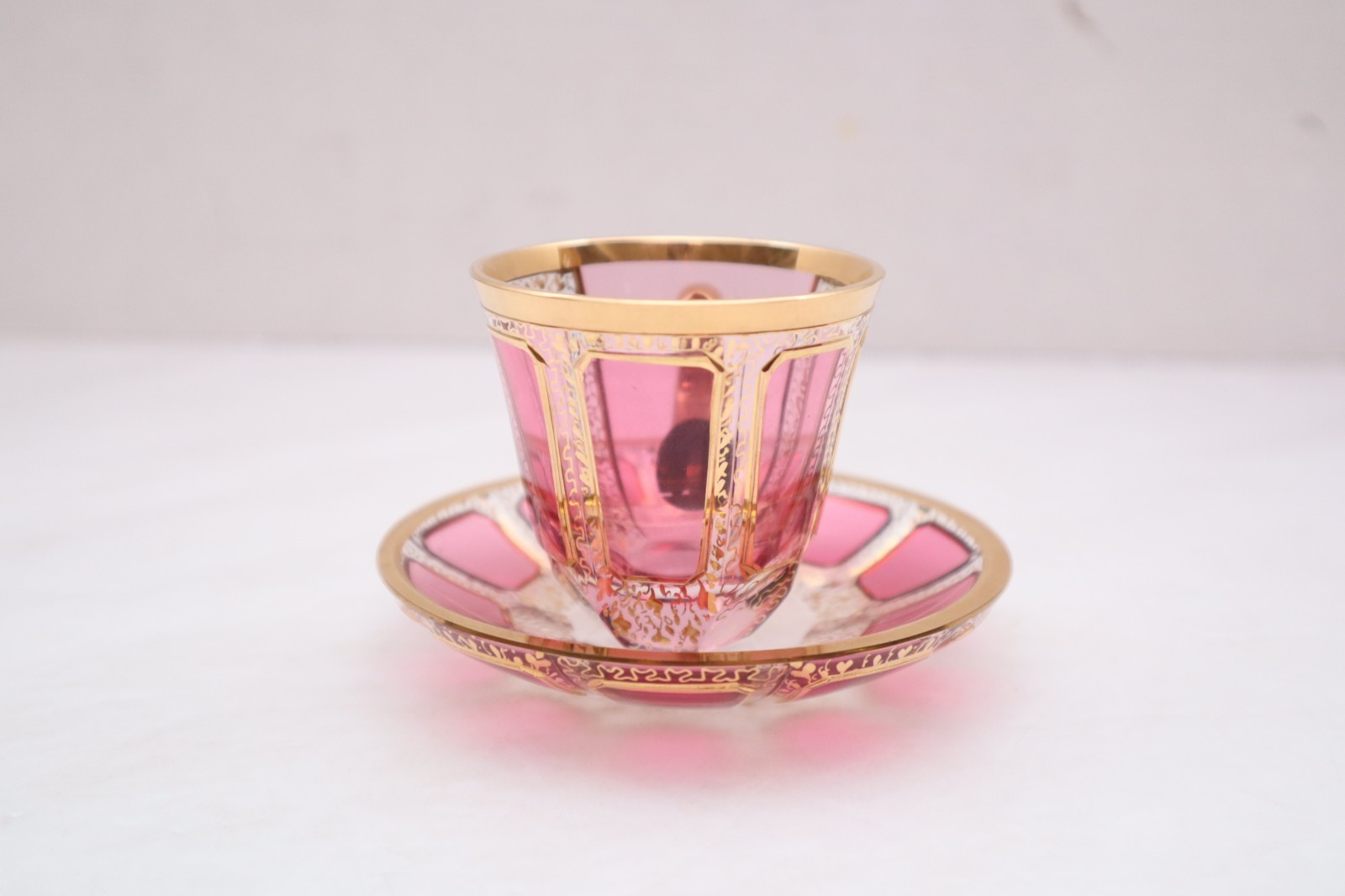 Moser Bohemian Cabochon Pink & Gold Floral Demitasse Espresso Tea Cup & Saucer