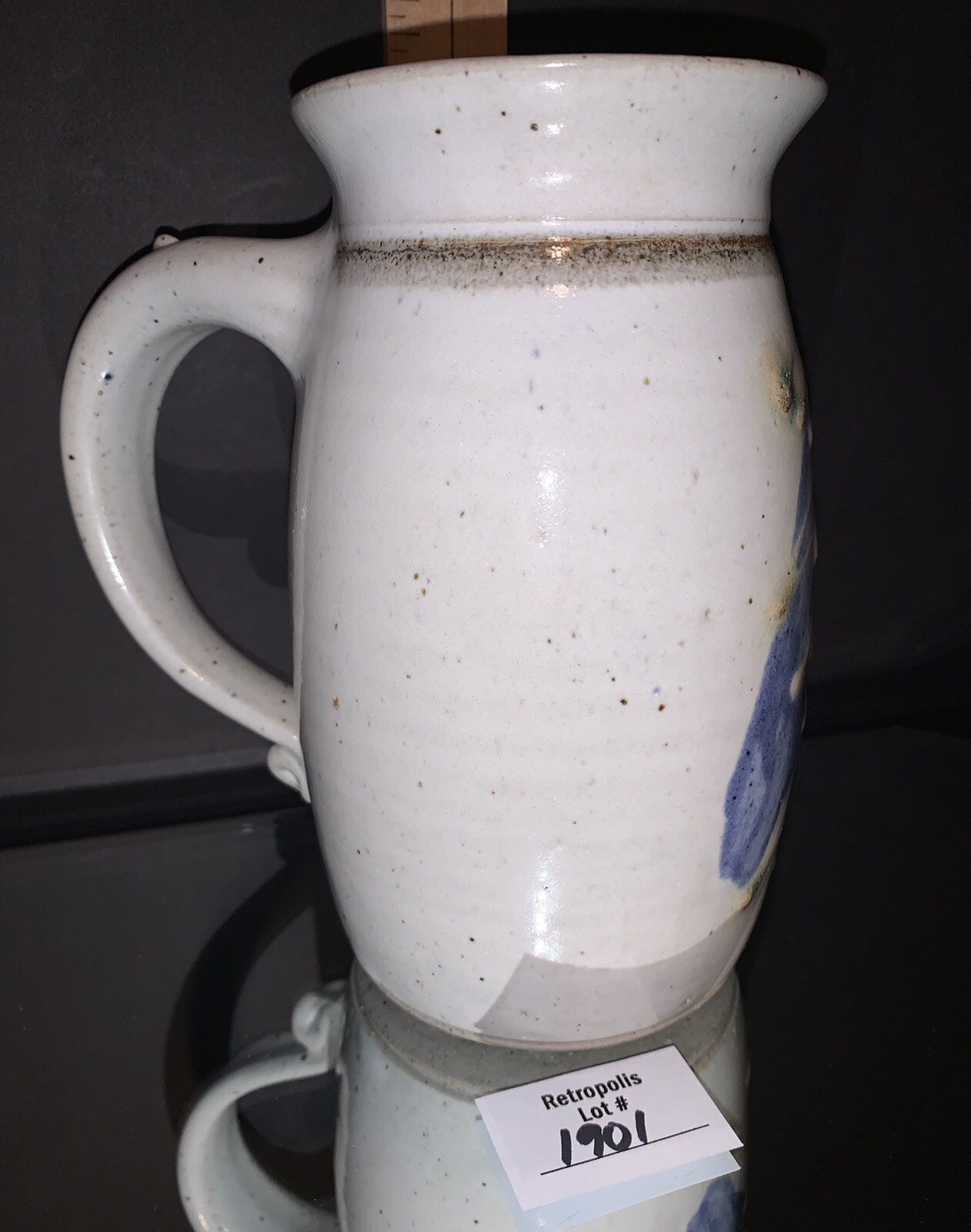 Hand Thrown Glazed Pottery Pitcher Artist Signed Feather Pattern Vintage