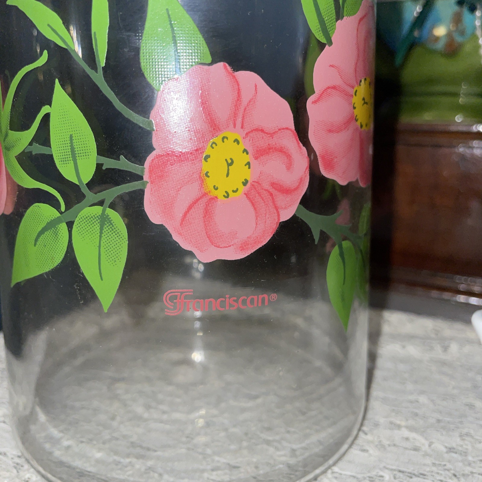 Vintage Franciscan Desert Rose Clear Glass Pink Flower 7.75 in Cocktail Pitcher