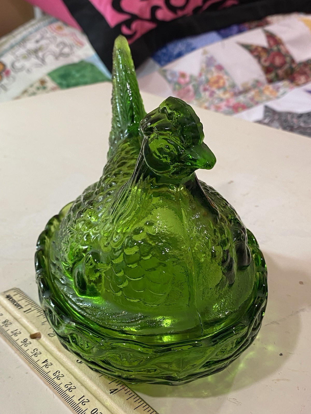 VTG L. E. Smith Emerald Green Hen On Nest Glass Chicken Dish w/Chicks Rustic