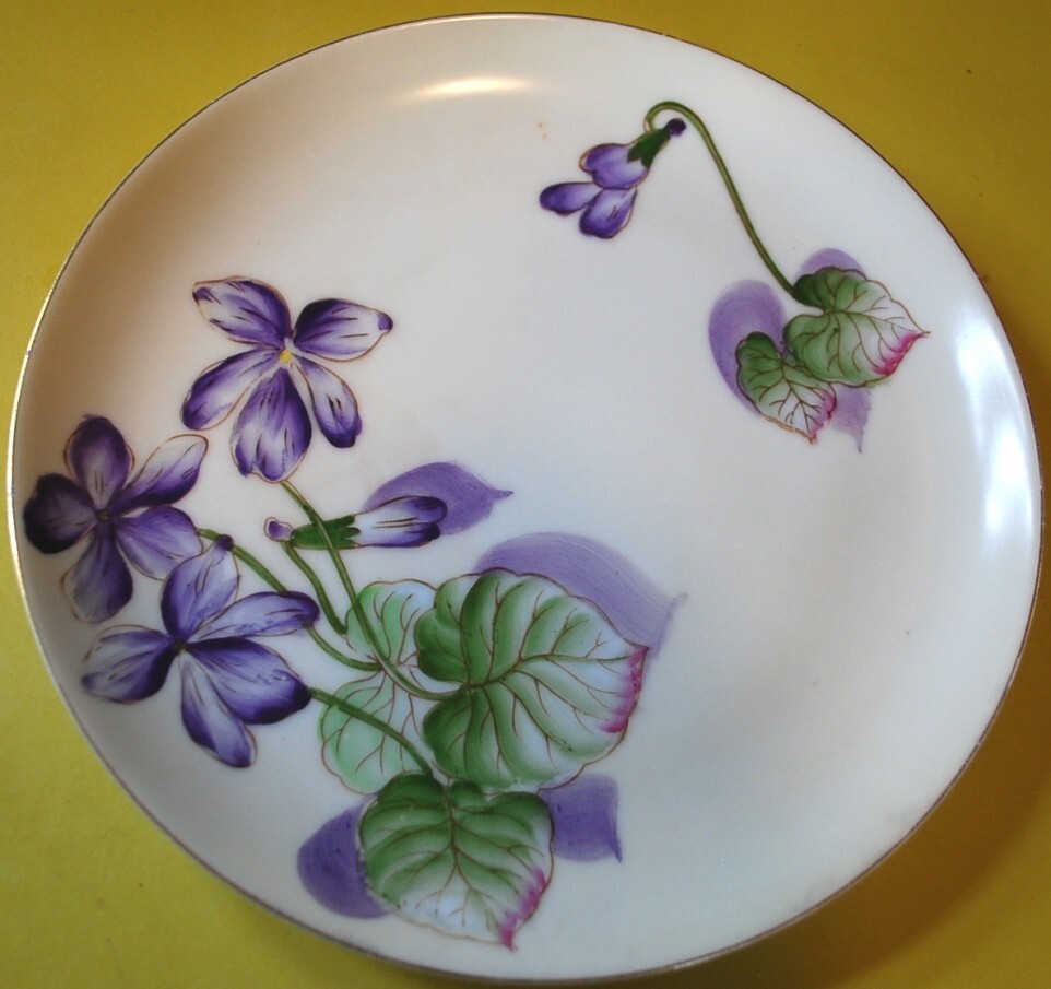 Vtg Set 6 PLATES Tashiro Shoten Japan HANDPAINTED PURPLE VIOLETS Gold Rims 7.5″